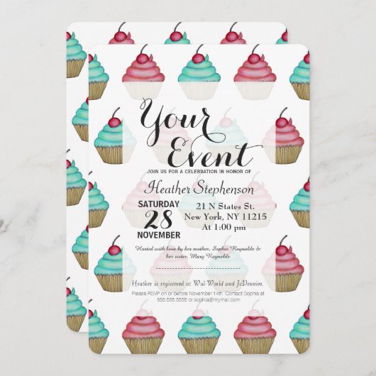 Cute roze & Blue Cupcake met Cherry op top Kaart (Voorkant / Achterkant)