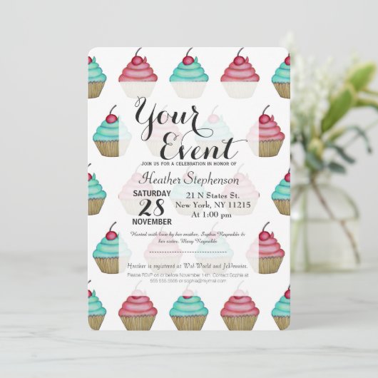 Cute roze & Blue Cupcake met Cherry op top Kaart (Staand voorkant)