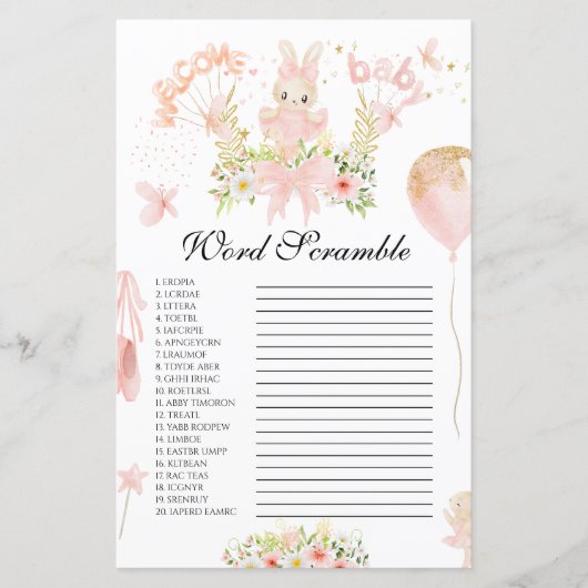 Cute roze bundel ballerina baby shower woordscramb (Voorkant)