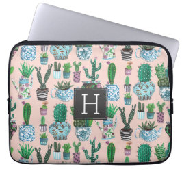 Cute roze cactus succulent monogram patroon laptop sleeve
