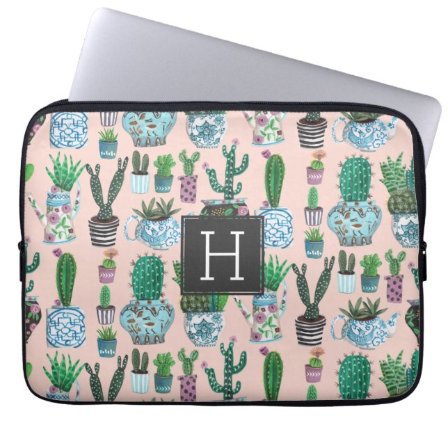Cute roze cactus succulent monogram patroon laptop sleeve (Voorkant)