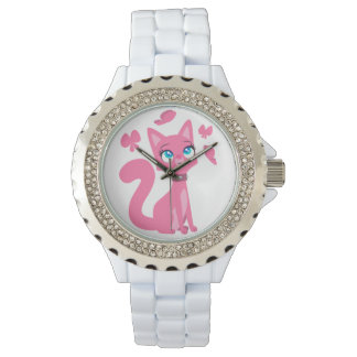 Cute roze Cartoon Cat en Butterflies Horloge