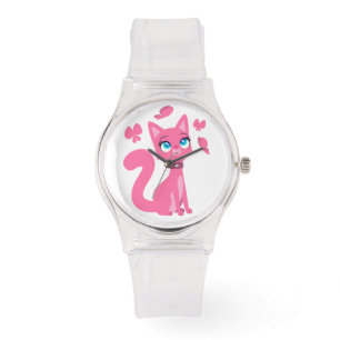 Cute roze Cartoon Cat en Butterflies Horloge