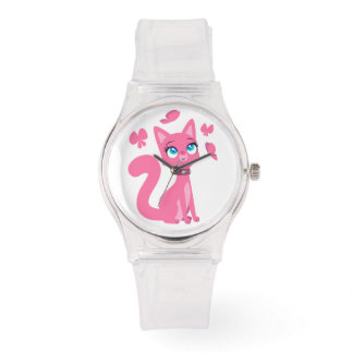 Cute roze Cartoon Cat en Butterflies Horloge