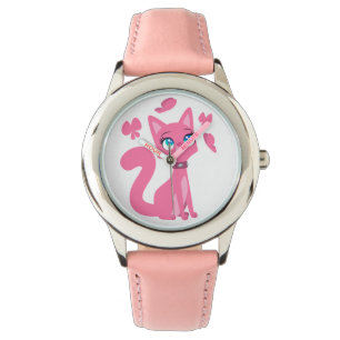 Cute roze Cartoon Cat en Butterflies Horloge