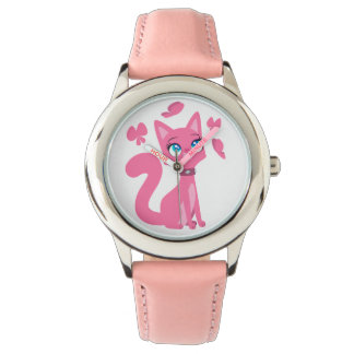 Cute roze Cartoon Cat en Butterflies Horloge