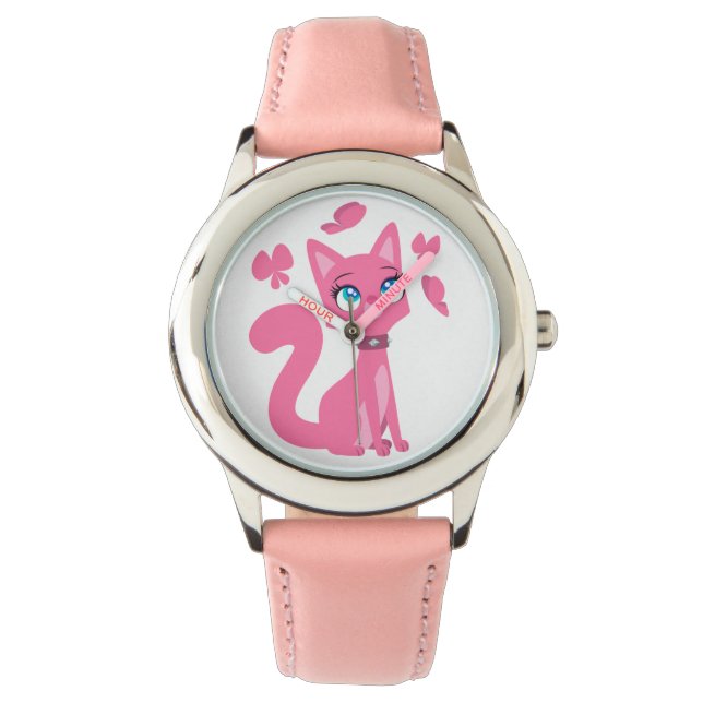 Cute roze Cartoon Cat en Butterflies Horloge (Voorkant)