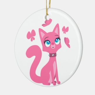Cute roze Cartoon Cat en Butterflies Keramisch Ornament