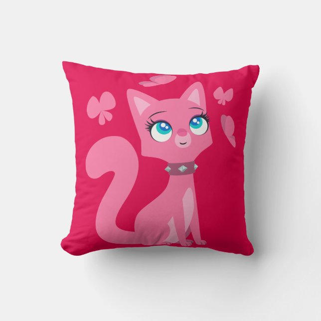 Cute roze Cartoon Cat en Butterflies Kussen (Voorkant)