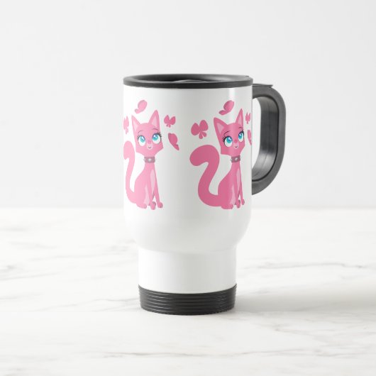 Cute roze Cartoon Cat en Butterflies Mok (Voorkant rechts)