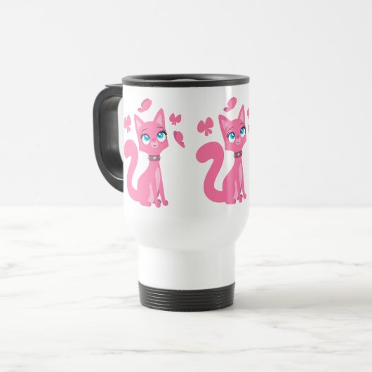 Cute roze Cartoon Cat en Butterflies Mok (Voorkant links)