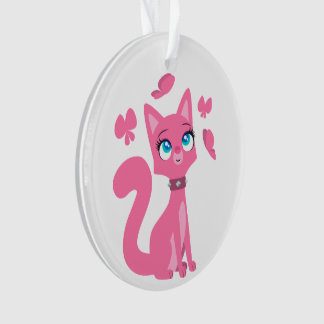 Cute roze Cartoon Cat en Butterflies Ornament