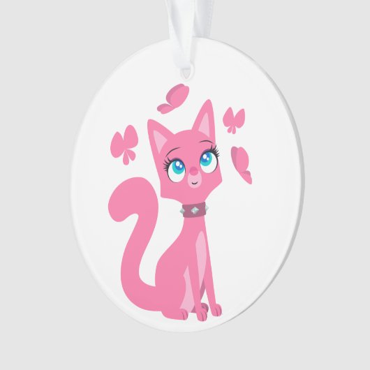 Cute roze Cartoon Cat en Butterflies Ornament (voorkant)