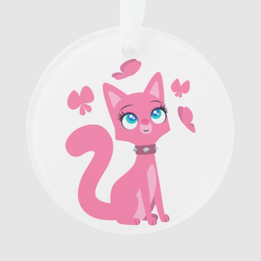 Cute roze Cartoon Cat en Butterflies Ornament (voorkant)