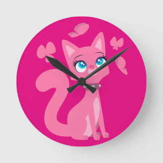 Cute roze Cartoon Cat en Butterflies Ronde Klok
