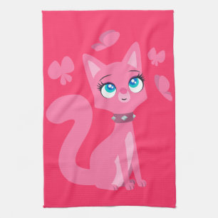 Cute roze Cartoon Cat en Butterflies Theedoek