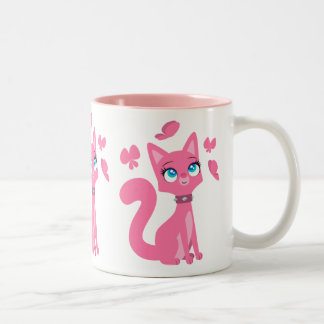 Cute roze Cartoon Cat en Butterflies Tweekleurige Koffiemok