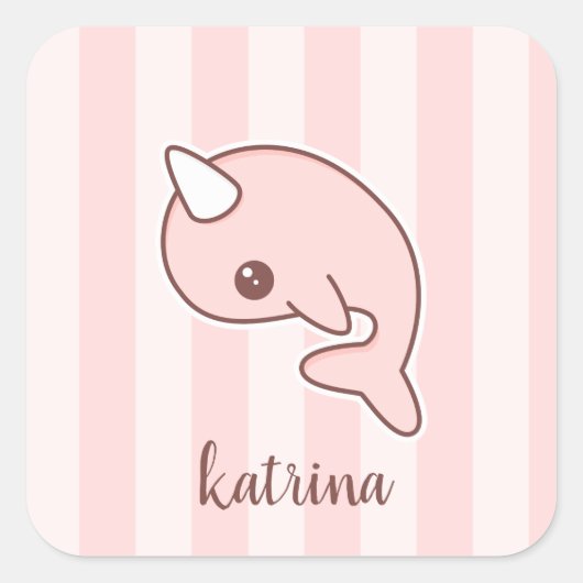 Cute roze Cartoon Narwhal met strepen Vierkante Sticker (Voorkant)