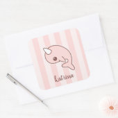 Cute roze Cartoon Narwhal met strepen Vierkante Sticker (Envelop)