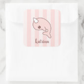 Cute roze Cartoon Narwhal met strepen Vierkante Sticker (Tas)