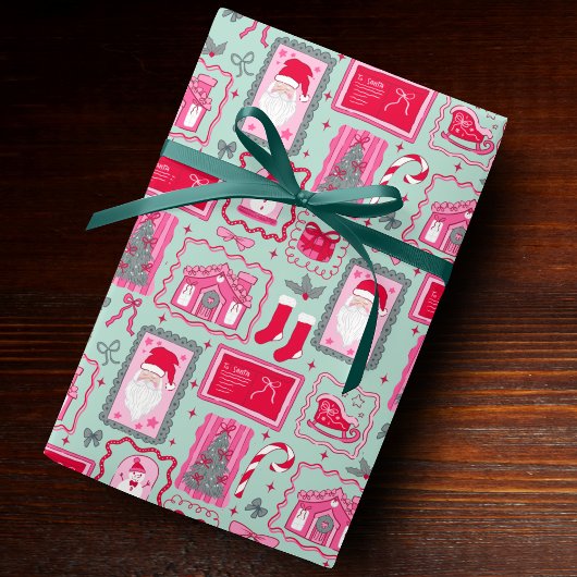 Cute Roze Coquette Frames Patroon Kerst mint Cadeaupapier