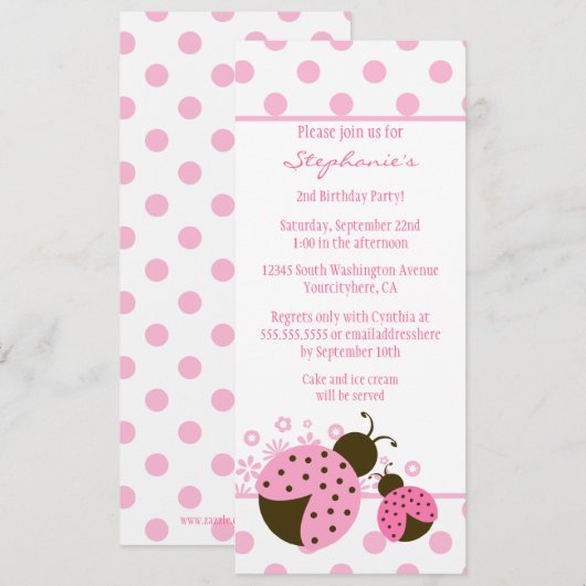 Cute roze dame bug meisjes verjaardagsfeest kaart (Voorkant / Achterkant)