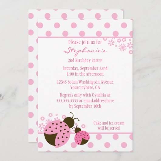 Cute roze dame bug meisjes verjaardagsfeest kaart (Voorkant / Achterkant)