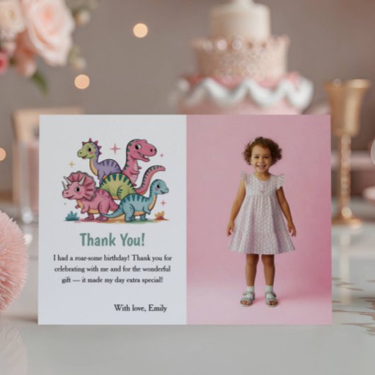Cute Roze Dinosaur Foto Kinderen Verjaardagsfeestj Bedankkaart
