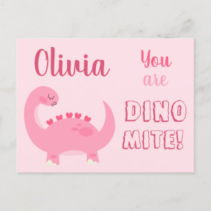 Cute roze dinosaur girl Valentijnsdag Dino-Mite Briefkaart