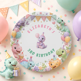 Cute Roze Dinosaur Verjaardagsfeestje Papieren Bordje