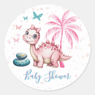 Cute Roze Dinosaurus Baby Shower Ronde Sticker