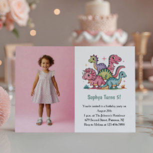 Cute Roze Dinosaurus Foto Kinderen Verjaardagsfees Kaart