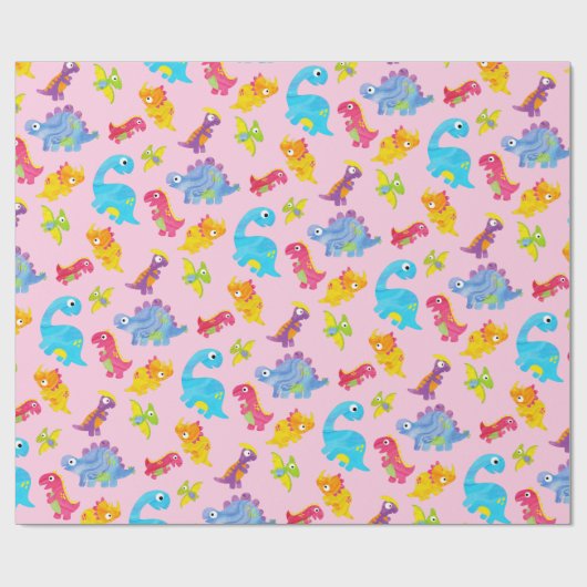 Cute Roze Dinosaurus Thema Verjaardag voor Meisjes Cadeaupapier (Vlak)