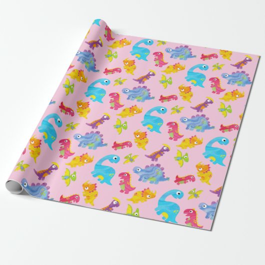 Cute Roze Dinosaurus Thema Verjaardag voor Meisjes Cadeaupapier (Uitgerold)