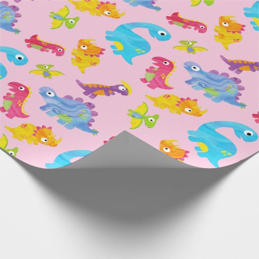 Cute Roze Dinosaurus Thema Verjaardag voor Meisjes Cadeaupapier (Hoek)