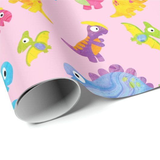 Cute Roze Dinosaurus Thema Verjaardag voor Meisjes Cadeaupapier (Rol Hoek)