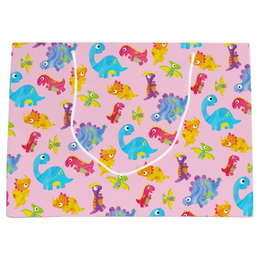 Cute Roze Dinosaurus Thema Verjaardag voor Meisjes Groot Cadeauzakje (Voorkant)