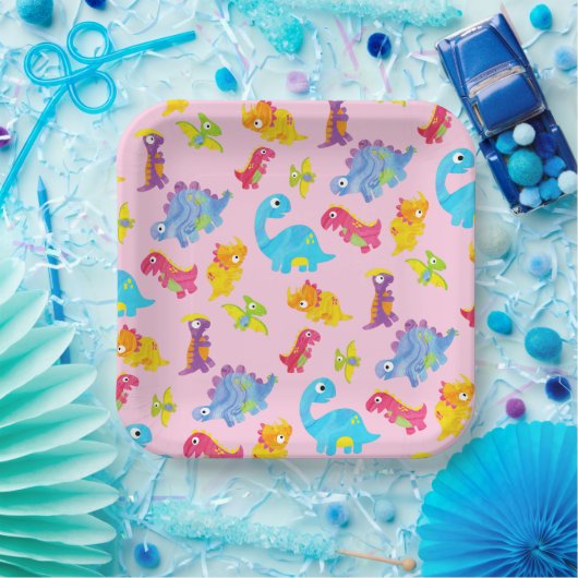 Cute Roze Dinosaurus Thema Verjaardag voor Meisjes Papieren Bordje (Feest)
