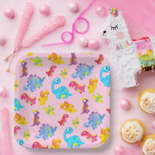 Cute Roze Dinosaurus Thema Verjaardag voor Meisjes Papieren Bordje (Feest)