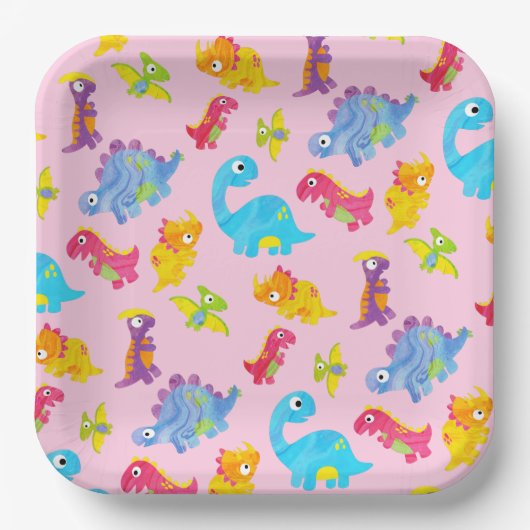 Cute Roze Dinosaurus Thema Verjaardag voor Meisjes Papieren Bordje (Voorkant)