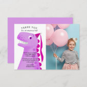 Cute Roze Dinosaurus Verjaardagsfeest Foto Bedankkaart (Voorkant / Achterkant)