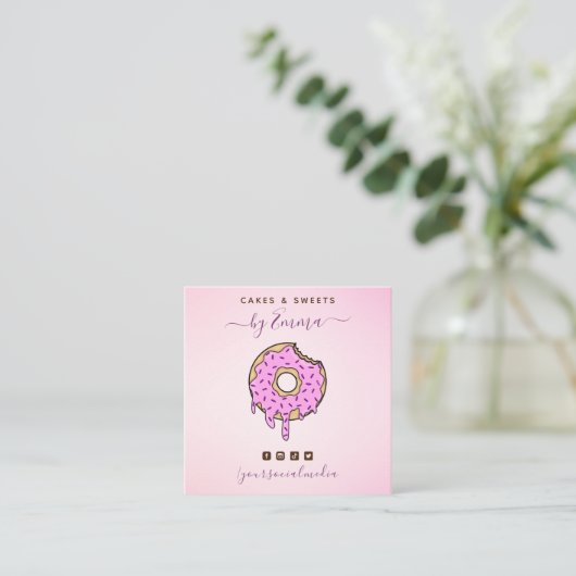 Cute roze Donut Dripping Confetti Bakery Dessert Vierkante Visitekaartje (Staand voorkant)