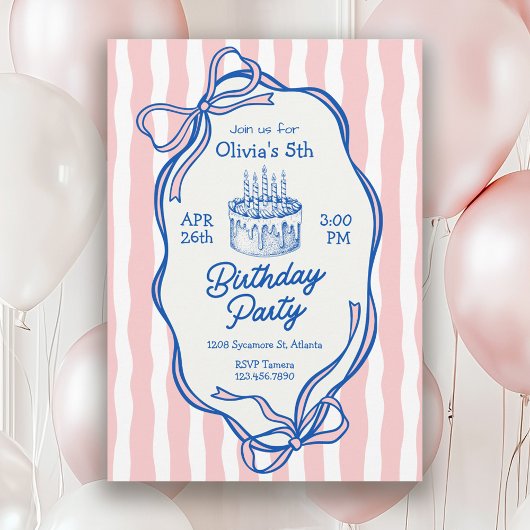 Cute Roze Doodle Frame en Strikken 5e Verjaardag Kaart