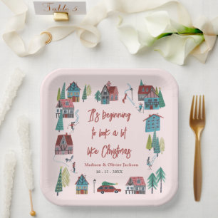 Cute Roze Dorp Kerstfeest Papieren Bordje