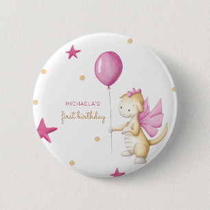 Cute Roze Draak Meisje 1e Verjaardagsfeestje Ronde Button 5,7 Cm