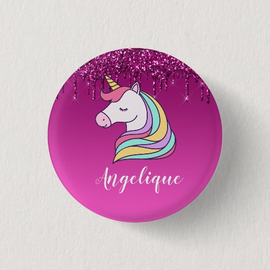 Cute roze druppelaar Glitter Personalized Unicorn Ronde Button 3,2 Cm (Voorkant)