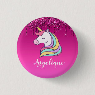 Cute roze druppelaar Glitter Personalized Unicorn Ronde Button 3,2 Cm