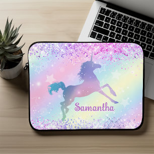 Cute roze eenhoorn Glitter regenboog kunst monogra Laptop Sleeve