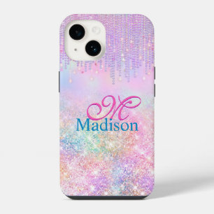 Cute Roze Eenhoorn Glitter rhinestone Drip monogra iPhone 14 Hoesje