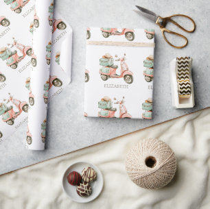 Cute Roze en Aqua Kustscooter Cadeaupapier